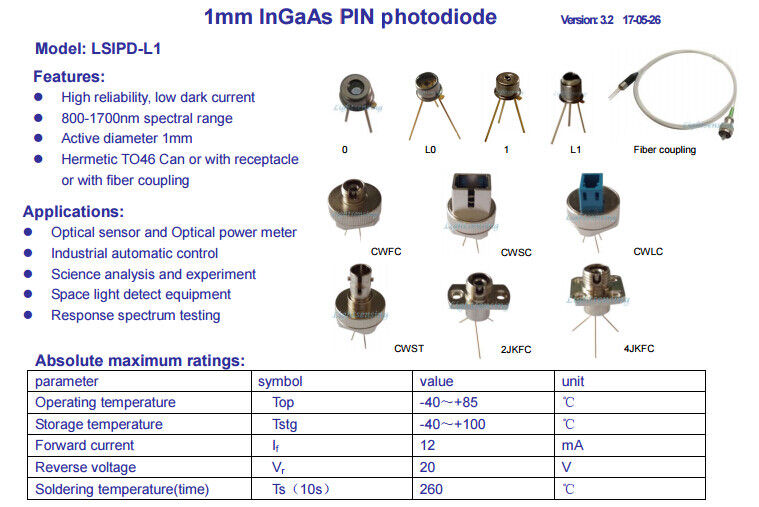 800-1700nm 1mm InGaAs Photodiode Diode High Stability Flat Window