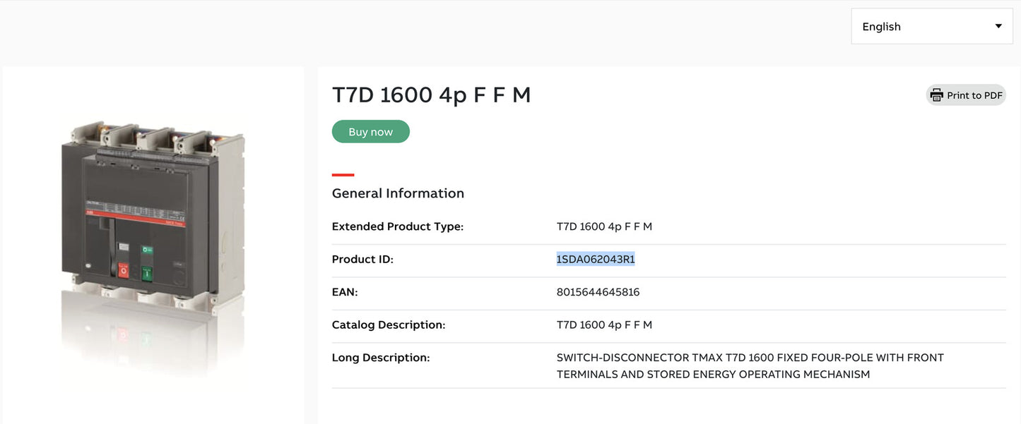 T7D 1600 4p F F M TMAX T7D 1600 FIXED FOUR-POLE 1SDA062043R1 DC Contactor