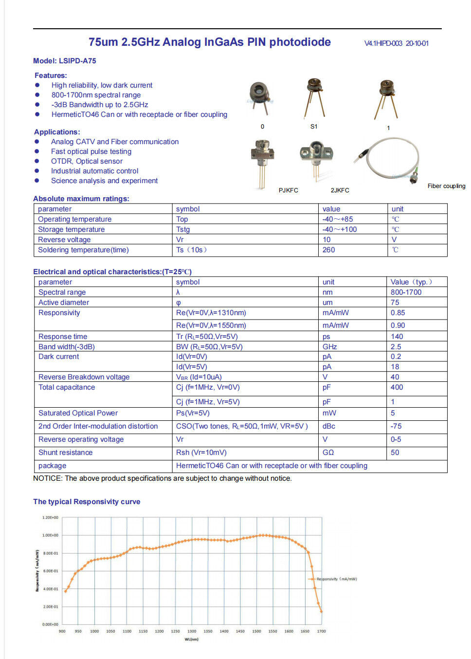 800-1700nm 2.5GHZ Anolog InGaAs PIN photodiode high reliability low dark current