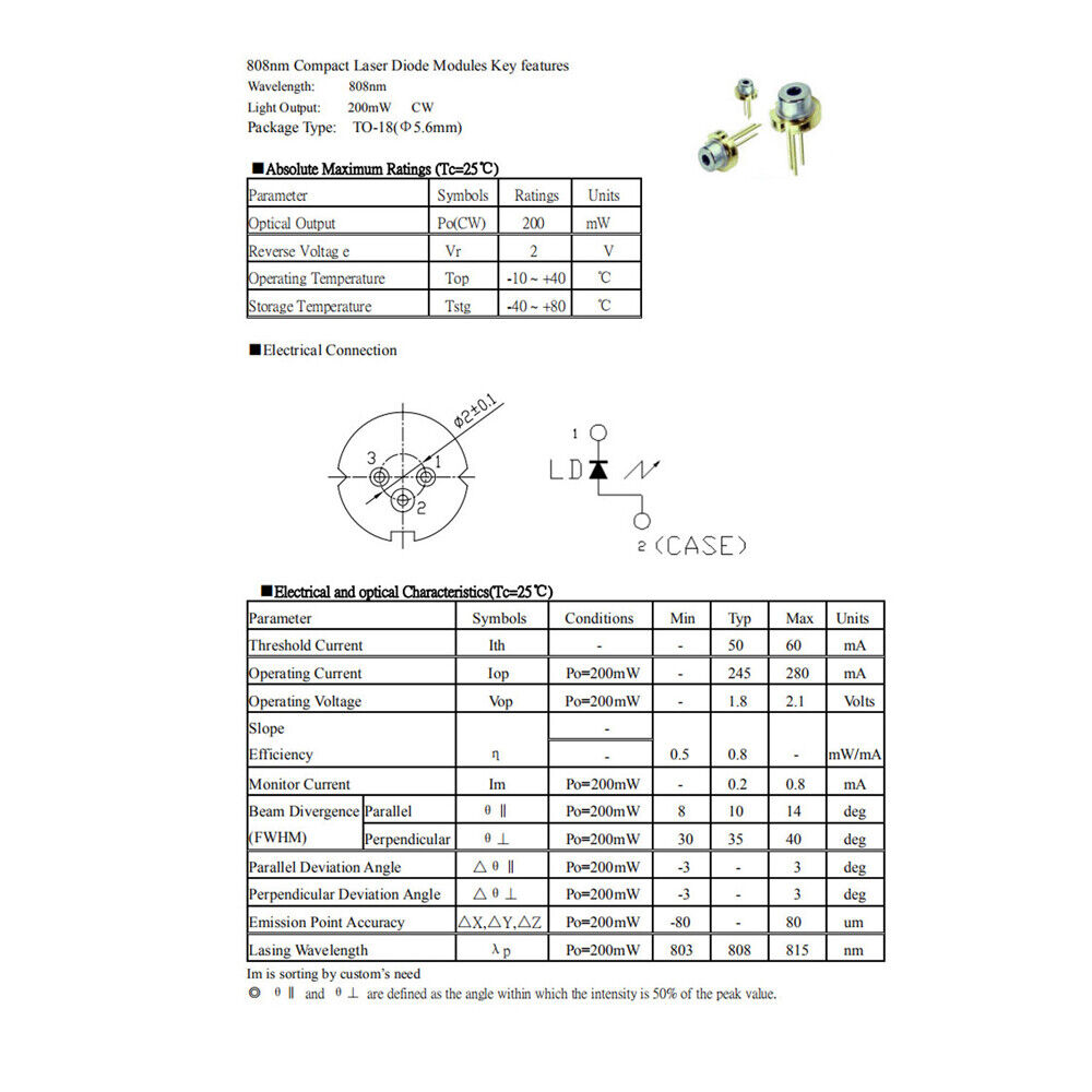 808nm 200mW Imported Laser Diode LD Near Infrared Laser Head